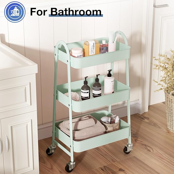 OLIXIS Metal 3 Tiers Rolling Storage Utility Cart with Lockable Wheels | Mobile Organizer Shelf, Space-Saving, Freestanding, Bathroom, Living Room, Slim, Narrow Corner Spaces, Pale Green - Image 5