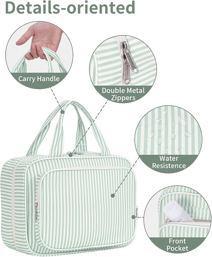 Narwey Striped Travel Toiletry Bag for Women Large Hanging Makeup Bag Organizer Toiletries Bag for Full Size Essentials Accessories Cosmetics (Mint Green Stripe (Large)) - Image 8