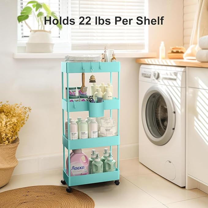 Pipishell 4 Tier Slim Storage Cart with Wheels, Laundry Cart, Turquoise | 7.1 Inches Wide – Fits Narrow Spaces, Storage Cup and 6 Hooks, Ventilation Holes, Durable ABS Material, Detachable Wheels - Image 4