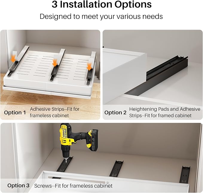 Pull out Cabinet Organizer, 2-Pack Expandable(13.6"-24") Silde out Drawers with Raising Pad for Framed Cabinets, Adjustable Full-Extension Adhesive Roll out Shelves for Kitchen Pantry Home Pot and Pan - Image 9