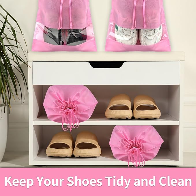 12 Pack Shoe Bags for Travel, Large Travel Shoe Bag for Packing with Window | Dustproof Drawstring Travel Shoe Storage Bags Travel Essentials for Men & Women, Pink - Image 6