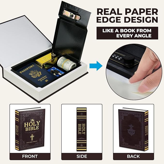 Book Safe with Combination Lock, Hidden Safe (10.9 x 7.7 x 1.8 Inch) with Fireproof Bag, Secret Diversion Safe, Hollow Book Box Hidden Storage, Money Safe Box for Cash (Bible) - Image 3