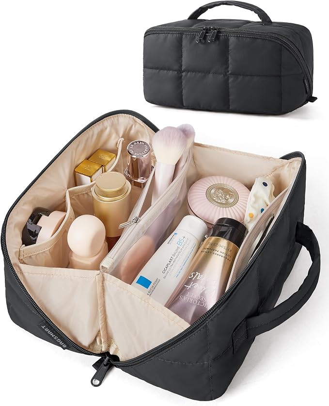 BAGSMART Travel Makeup Bag, Large Capacity Cosmetic Organizer for Women | Roomy fits all makeup, opens flat for full view. Lightweight, water-resistant & dual zippers. PVC pouch ideal for travel by BAGSMART