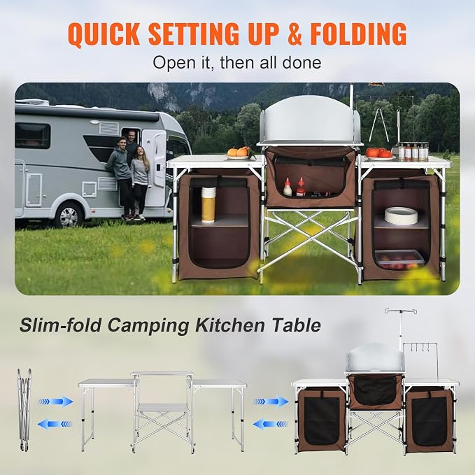 VEVOR Camping Kitchen Table, Folding Outdoor Cooking Table with Storage Carrying Bag, Aluminum Cook Station 3 Cupboard & Detachable Windscreen, Quick Set-up for Picnics, BBQ, RV Traveling, Brown - Image 5