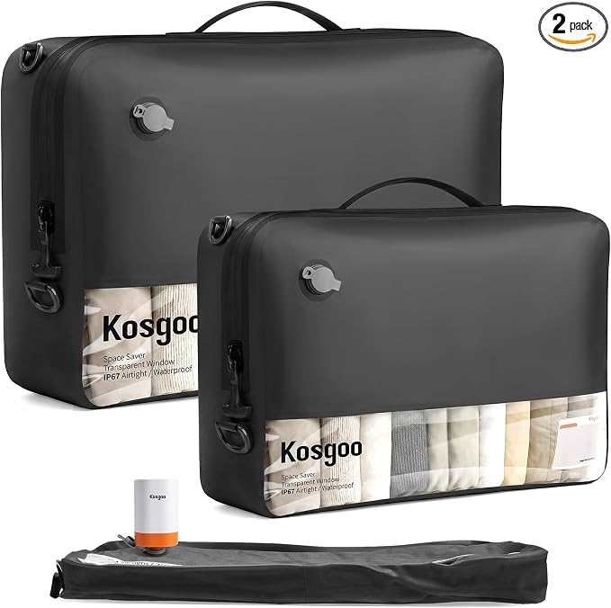 Vacuum Bags for Travel with Pump, Vacuum Compression Packing Bags for Travel Pack Vacuum Kit for Luggage Suitcase Carry On, IP67 Waterproof Odor & Tear-Proof Nylon (2 Pack with Pump, Black) by KOSGOO