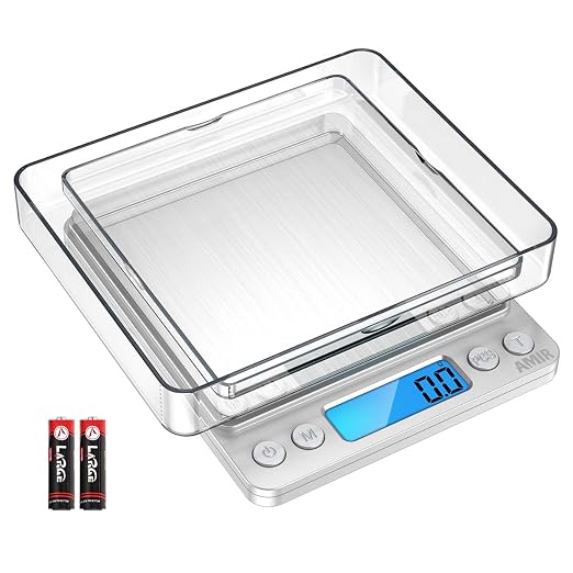 AMIR Digital Kitchen Scale, 3000g 0.01oz/ 0.1g Pocket Coffee Scale, Mini Food Scale, Pro Electronic Jewelry Scale with Back-Lit LCD Display, Tare & PCS Functions, Stainless Steel, Batteries Included by AMIR