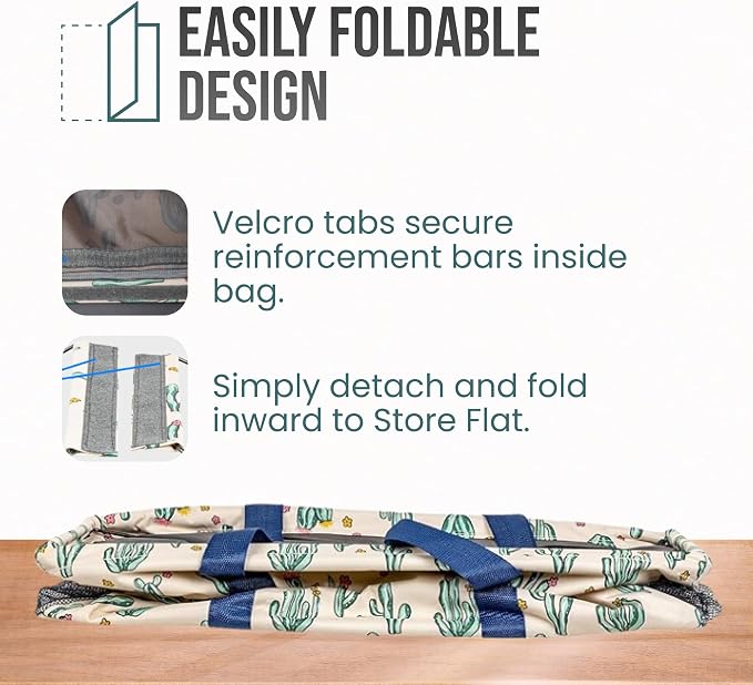 Extra Large Utility Tote Bag, Oversized Collapsible Reusable Wire Frame Rectangular Canvas Basket With Two Exterior Pockets For Beach, Pool, Laundry, Car Trunk, Storage - Cactus White - Image 6