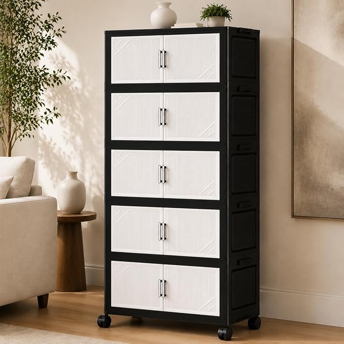 5 Tier Foldable Storage Cabinet with Top Lid, Tall Mobile PP Storage Organizer with Magnetic Doors and Wheels, Space-Saving Collapsible Organizer for Bedroom Living Room Kitchen Pantry Bathroom by FoldTrend