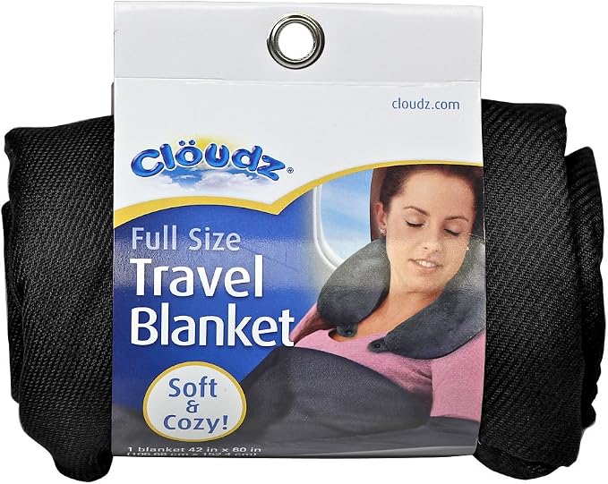 Cozy Compact Airplane Travel Blanket for Your Flight, Car, Camping, Home or Comforting Warmth Anywhere! - Black by Cl%C3%B6udz