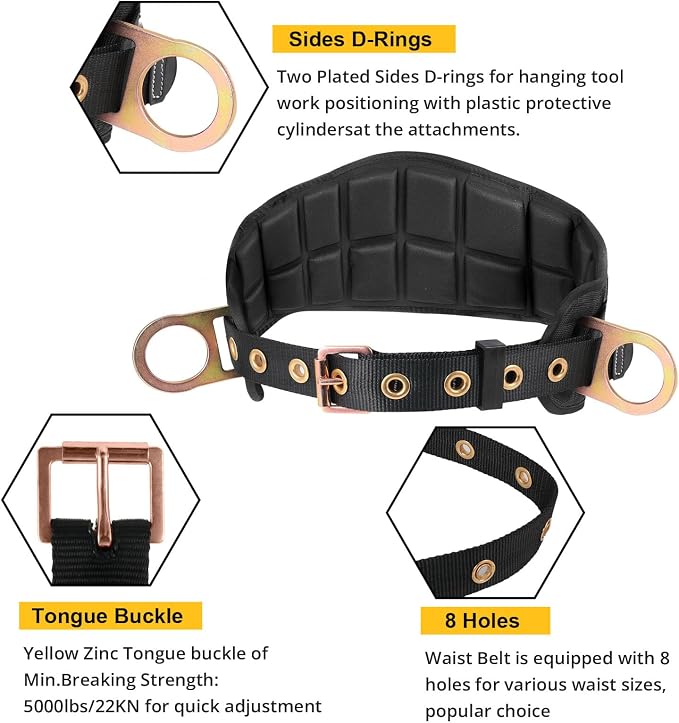 TRSMIMA Safety Harness Climbing Belt - Black Body Fall Protection Men Roof Tree Work Waist-Tongue Buckle Pad D-Ring - Image 2