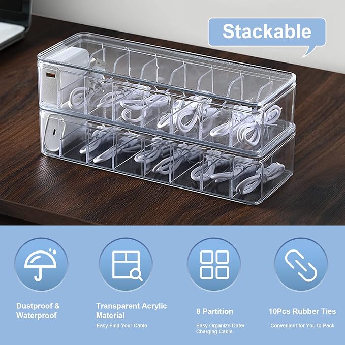Cable Organizer Storage Box Plastic Cable Cord Management Box Power Cord Organizer Case with 10Pcs Rubber Ties for Office, Home, Desk Accessories Storage Stationery Supplies - Image 2