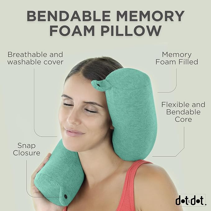 Dot&Dot Twist Memory Foam Travel Pillow, Bendable Neck Pillow for Airplane, Car and Home, 26-Inch Adjustable Roll with Washable Cotton Cover, Green - Image 2