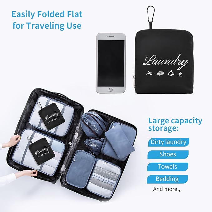2 Pcs Travel Laundry Bag, JHX Dirty Clothes Bag 【Upgraded】 with Handles and Aluminum Carabiner, Collapsible Laundry Bag for Travel, Camp, Fitness, and Students（Black） 24"L x 21"W - Image 6