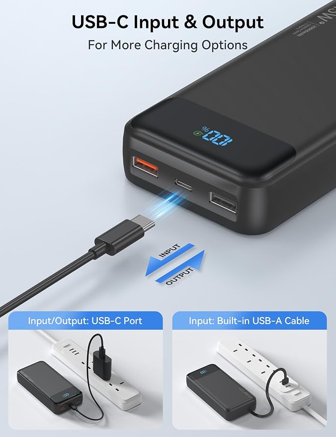 Nusyddy Portable Charger 20000mAh 22.5W w/4 Built-in Cables/6 Outputs Black | 22.5W Fast Charging, LED Display, Pass Through Charging, Charge 6 Devices at once, TSA Approved, Fits iPhone, iPad, Samsung - Image 6