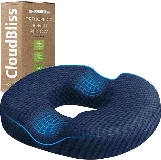 CloudBliss Donut Pillow Stadium Seat Cushion for Tailbone Pain Relief and Hemorrhoids, Memory Foam Seat Chair Cushion, Portable Seat Cushions for Bleachers, Car, Home & Office by CloudBliss