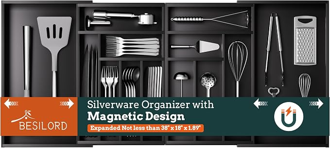 Silverware Organizer Large, Magnetic Connected Expandable 13 Slots Silverware Drawer Organizer From 21 to 37.4 Inches, Adjustable Flatware and Cutlery Holder, Bamboo Utensil Tray for Kitchen Black by Besilord