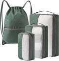 4 Set Compression Packing Cubes for Travel, Bonus Versatile Drawstring Backpack, Lightweight Luggage Organizer Bags, Sturdy Travel Accessories for Suitcase, Dark Green by KOOKOOMIA