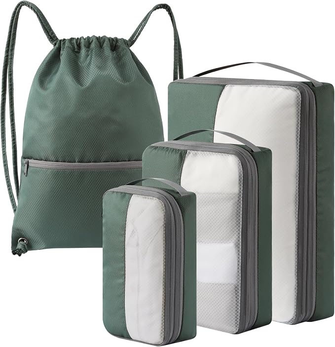 4 Set Compression Packing Cubes for Travel, Bonus Versatile Drawstring Backpack, Lightweight Luggage Organizer Bags, Sturdy Travel Accessories for Suitcase, Dark Green by KOOKOOMIA