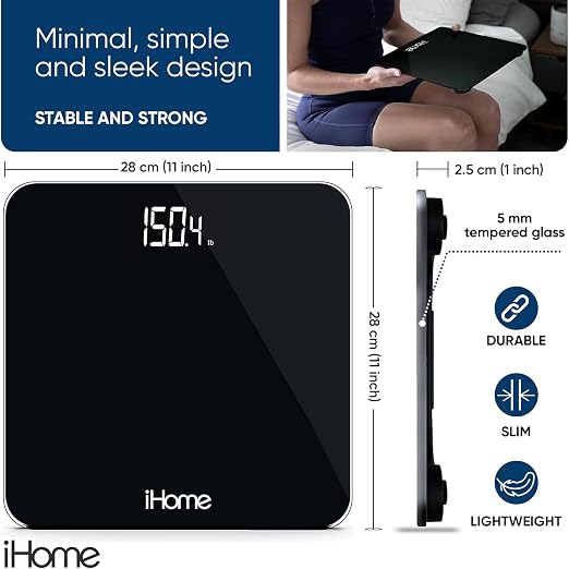 iHome Digital Scale, Bathroom Scale, Batteries Included, Scale Body Weight, Weight Scale, Bathroom Scales for Weight, Digital Scales for Body Weight (Black) - Image 3
