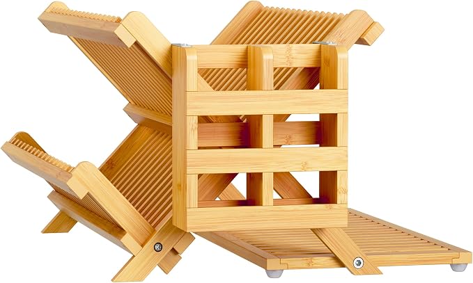 Greenual Bamboo Dish Drying Rack with Utensil Holder, 3 Tier Collapsible Dish Rack, Wooden Dish Racks for Kitchen Counter, Large Folding Drying Holder with Absorbent Dish Drying Mat - Image 7