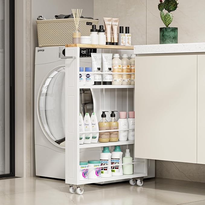 KLM 4 Tier White Slim Storage Cart with Handle, Slide Out Storage Rolling Utility Cart for Kitchen, Laundry, Narrow Places - Image 3