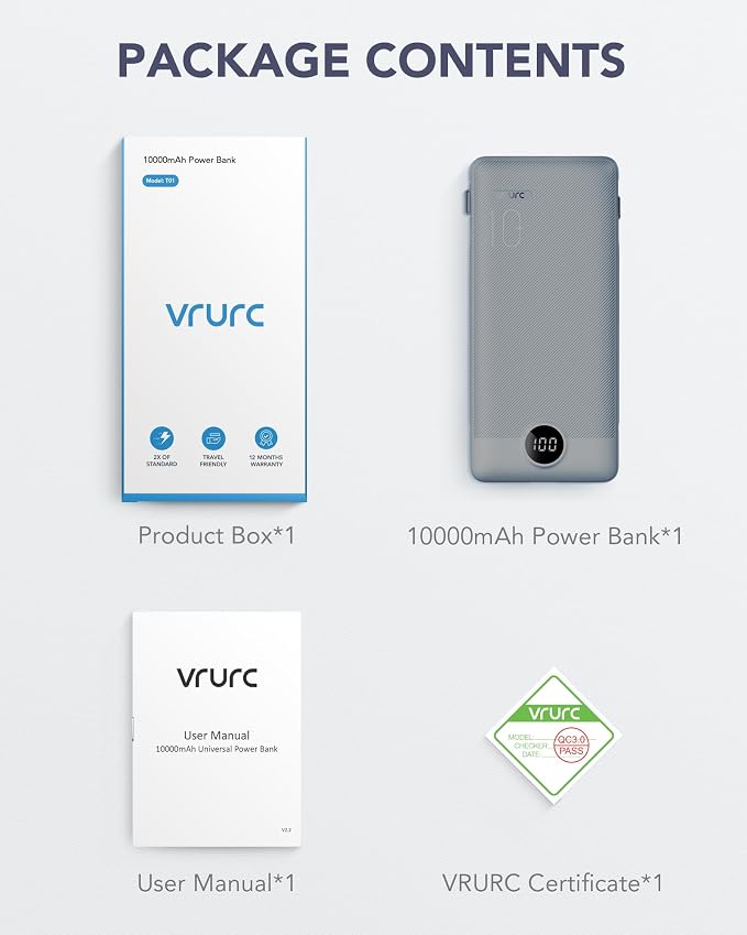 VRURC Portable Charger Built-in Cables and AC Wall Plug, USB C Power Bank 10000mAh, Travel Battery Portable Phone Charger Compact Lightweight External Battery Pack for Smart Phones, Tablets etc-Grey - Image 8