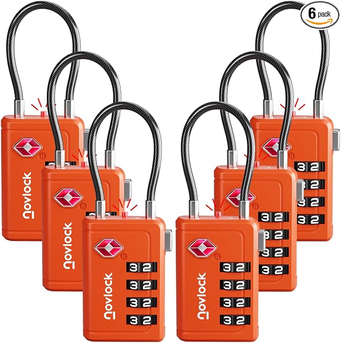 TSA Approved Luggage Locks, Travel Locks with Inspection Indicator | TSA008, Easy to Read Dials, 4 Digit Combination, Flexible Steel Cable, for Suitcases, Backpacks, Bags, 6-Pack, Orange by Unknown