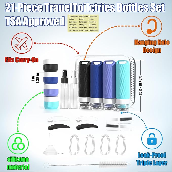 Travel Toiletry Containers 26Pcs Silicone Leakproof TSA Approved Set | Travel Bottles with Hanging Holes & Carabiners, Space Saving Portable, Easy Clean for Trips and Weekend Getaways - Image 2