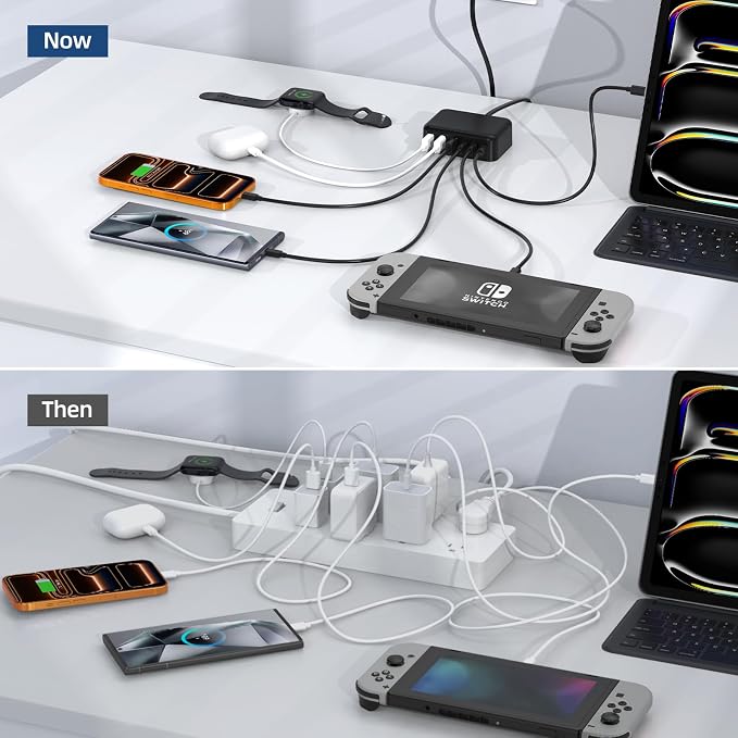 100W 6 in 1 USB Charger, 50% Smaller Charging Station for Multiple Devices | Fast Charging Blocks with Type C Port, USB Charging Hub Organizer Multiport Power Strip for iPhone,Samsung,Ipad,Kindle,Travel - Image 8