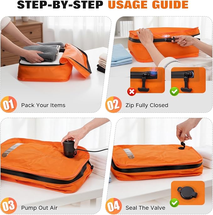 Vacuum Bags for Travel with Wired Pump, Travel Compression Bags for Clothes, 180° Open Zipper, Save 80% Space, IP68 Waterproof Travelpack Vacuum Kit for Luggage, Suitcase, Home Storage (2 Pack + Pump) - Image 5