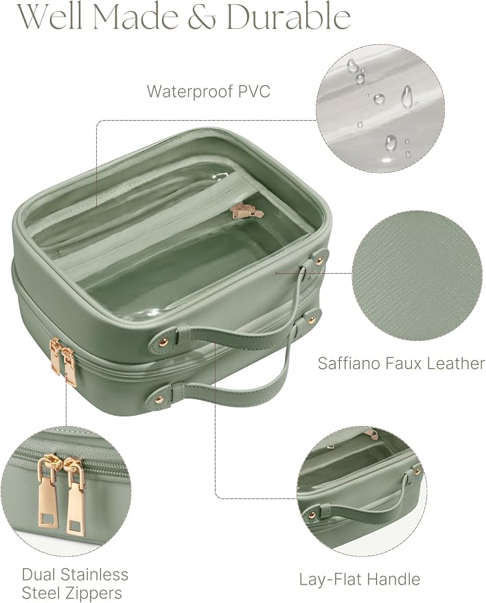 Clear Cosmetic Bag Double Layer Travel Toiletry Bag Clear Makeup Bag Case with 4 Compartments, Transparent Travel Bag for Toiletries, Large Toiletry Bag for Women Cosmetic Case (Sage Green, Large) - Image 5