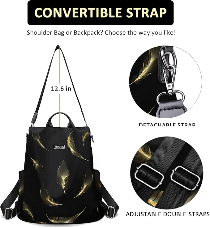 Travel Backpack Purse for Women Anti Theft Convertible Backpacks Fashion Waterptoof Nylon Daypack Black Feather | Hidden Back Zipper Opening, Compact Travel Size,Summer Purse, Daypack for College Work, Fits 13-inch laptop - Image 5