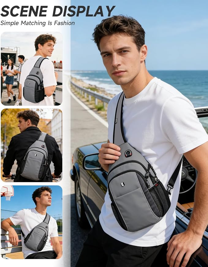 Expandable Sling Bag for Men, Anti-Theft Chest Pack with Water Bottle Pocket & Earphone Port, Crossbody Backpack for Hiking, Travel & Outdoor, Fits Switch 2, 11 Inch iPad, Grey | Mens Crossbody Bag - Image 2