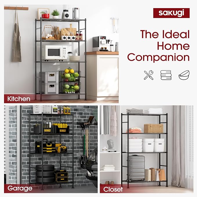 Sakugi Storage Shelves - 4 Tier Shelf Organizer, Heavy Duty Garage Shelving Unit with Leveling Feet, Stable Metal Shelves Organizer for Pantry, Kitchen and Closet, 33.0" W x 12.6" D x 57.2" H, Black - Image 6