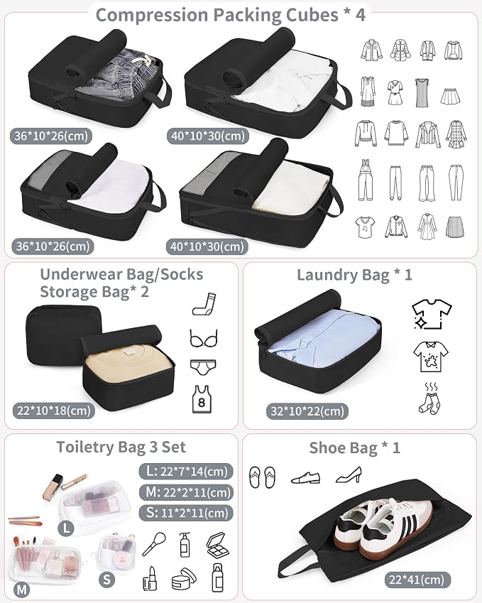 11-Piece Expandable Compression Packing Cubes, Travel Luggage Organizers Set for Suitcase, Lightweight Fabric Packing Bags for Travel Essentials Black - Image 2