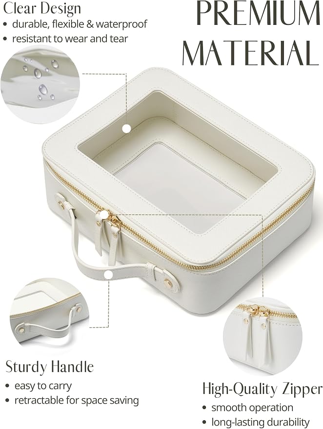 Clear Toiletry Bag 2 Pack, Travel Makeup Bag Medium and Large White | Structured Clear Cosmetic Case with Zipper, Car Essential Organizer Bag for Women, Waterproof PU Leather, Wide Open Portable - Image 6