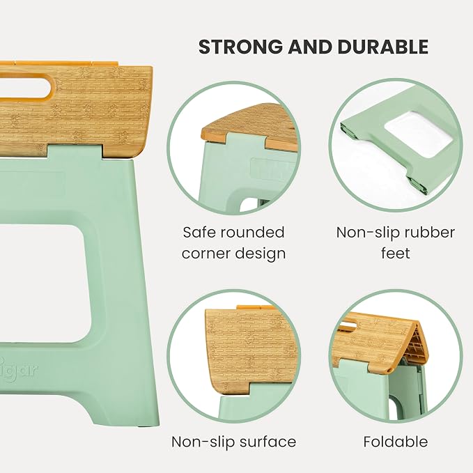 Vigar Compact Folding Step Stool, 12-1/2 in, Green Bamboo Print | 12-1/2 in Foldable Stool, Lightweight Portable Design, Handle, Non Slip Surface, Space-Saving, Supports up to 330 lb - Image 4