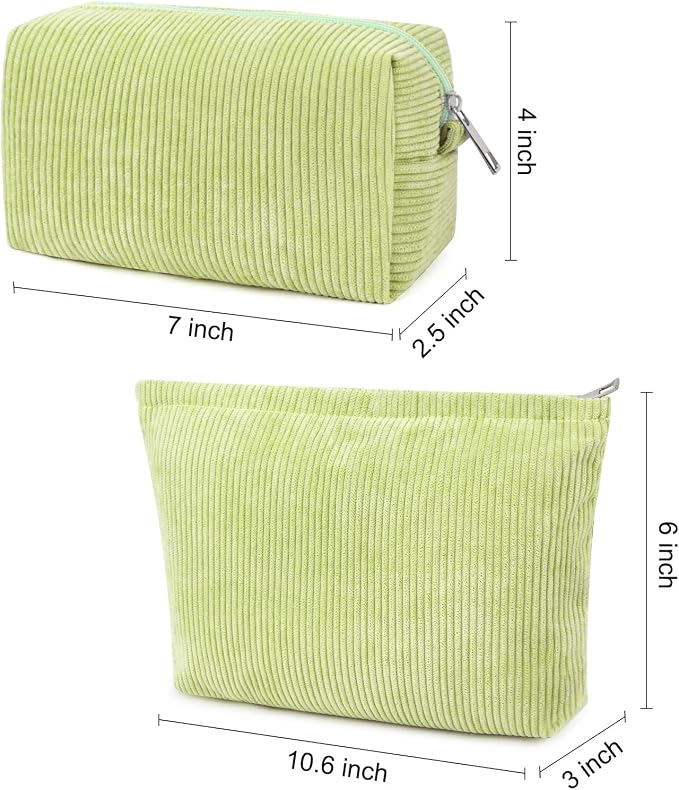 SOIDRAM 2 Pcs Corduroy Makeup Bag Large Cosmetic Bag Toiletry Bag Makeup Pouch Travel Bag Organizer Cute Makeup Brushes Aesthetic Accessories Storage Bag for Women Light Green - Image 3