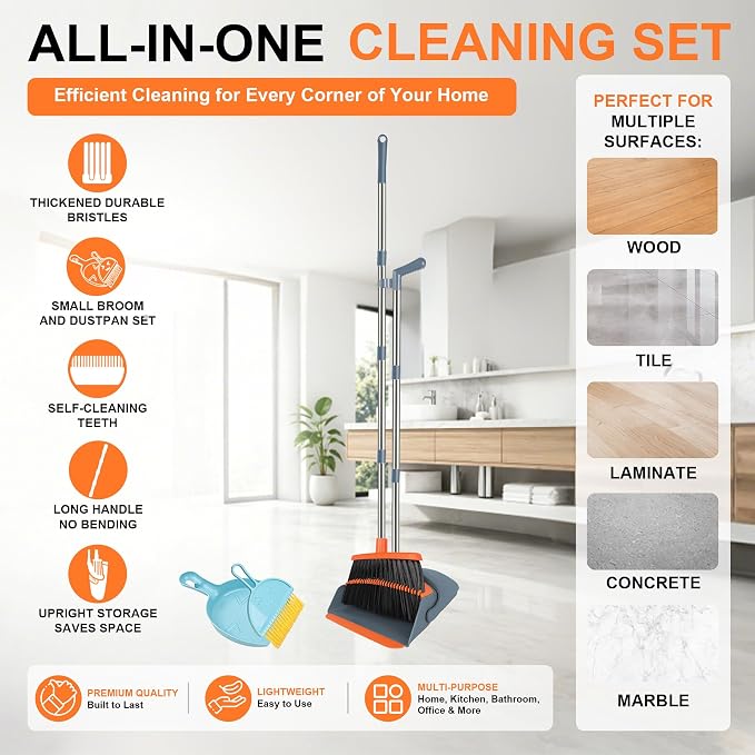 Broom and Dustpan Combo Set, 51" Long Handle Broom with Mini Set | Mini Set for Tables, Kitchens & Tight Spaces, Built-in Comb Dustpan, Foldable Space-Saving Storage, Multi-Surface Use - Image 2