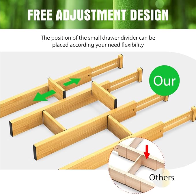 Bamboo Drawer Dividers, Expandable Drawer Separators Splitter, 17-22 inches Adjustable Spring-loaded Organizer for Large Utensil, Clothes, Tools Drawers, 6 Pack Dividers + 4 Pack Baffle - Image 9