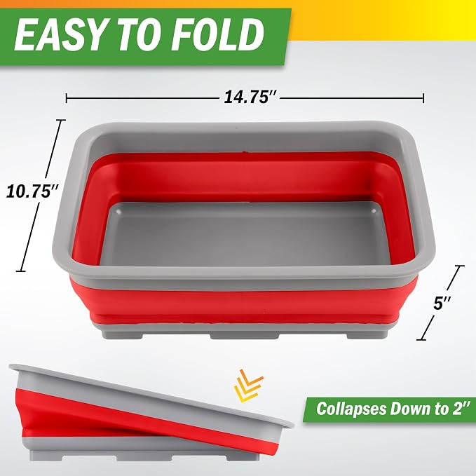 Collapsible Cleaning Caddy - Portable Multi-use Wash Basin, Dish Tub, or Ice Bucket with 7.27L Capacity for Camping and Tailgating by Wakeman (Red) - Image 2