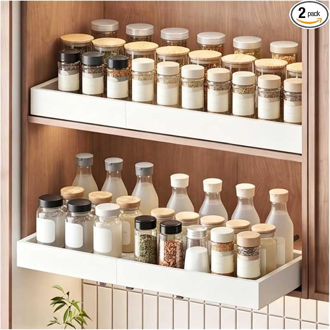 Fokyfok 2PC Pull out Cabinet Organizer,Expandable,Upper Cabinet | 18"–25"W,10"–13"D,No Drill,Pull out Drawers,Cabinet Drawer Slide out,Roll out Shelves,Pantry,Bathroom,Adhesive,Adjustable,2PC by Fokyfok