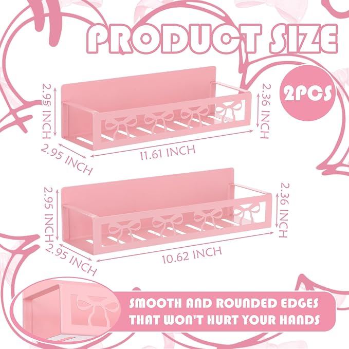 Beeveer 2 Pcs Magnetic Spice Rack for Refrigerator, Pink Bow | Magnetic, No Drilling, Pink Bow Kitchen Decor, Pink Home Accessories, 2 Sizes Metal Storage Shelf for Fridge Spices - Image 2