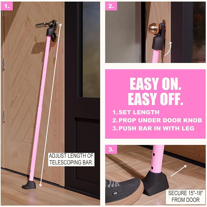 SECURITYMAN 3-in-1 Door Security Bar, Security Door Stoppers & Door Barricade – Heavy Duty Adjustable Iron Security Lock Bar for Home Defense, Apartment & Travel Safety (1 Pack - Pink) - Image 5