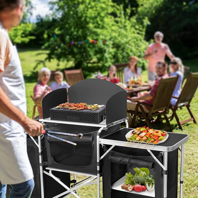 CampLand Folding Camping Kitchen Table with Windscreen,Portable Outdoor Cooking Station with Storage Cabinet & Side Tables Heavy Duty Camp Cook Station for Camping & BBQ (Black3cabinet) - Image 2