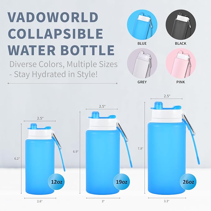 Collapsible Water Bottles 19oz with Spout & Carabiner, Odorless BPA-Free Silicone, Leak-Proof Foldable Reusable Bottle - Perfect for Travel Sports Gym Hiking Camping Cycling - Clear Blue - Image 2