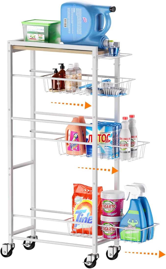 4 Tier Slim Rolling Storage Cart with Pull-Out Baskets, Narrow Sliding Storage Slim Laundry Cart Slim Rolling Kitchen Cart by OrganizedStorageSimpleLife