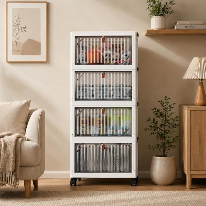 4-Tier 20QT Stackable Storage Bins with Lids, 81QT(4 * 20QT) Foldable Storage Cabinet Organizer with Transparent Front Doors & Wheels,for Toys, Clothes, Books, Bedroom,Nursery, Living Room by Durvex