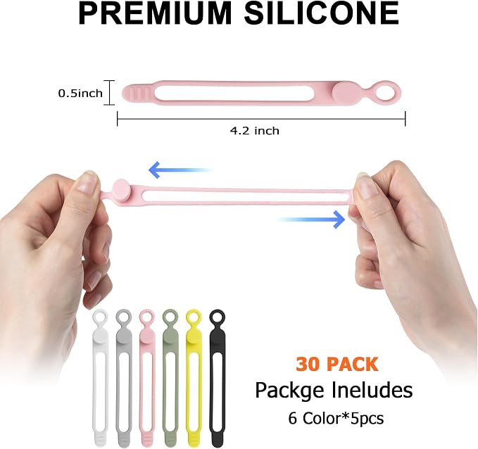 30Pcs Silicone Cable Ties, Cord Organizer Cable Management | Reusable Cord Ties for Electronics, Office Desk Accessories, Home Travel Essentials, Easy to Use, 4.2 Inch-6 Colors - Image 2