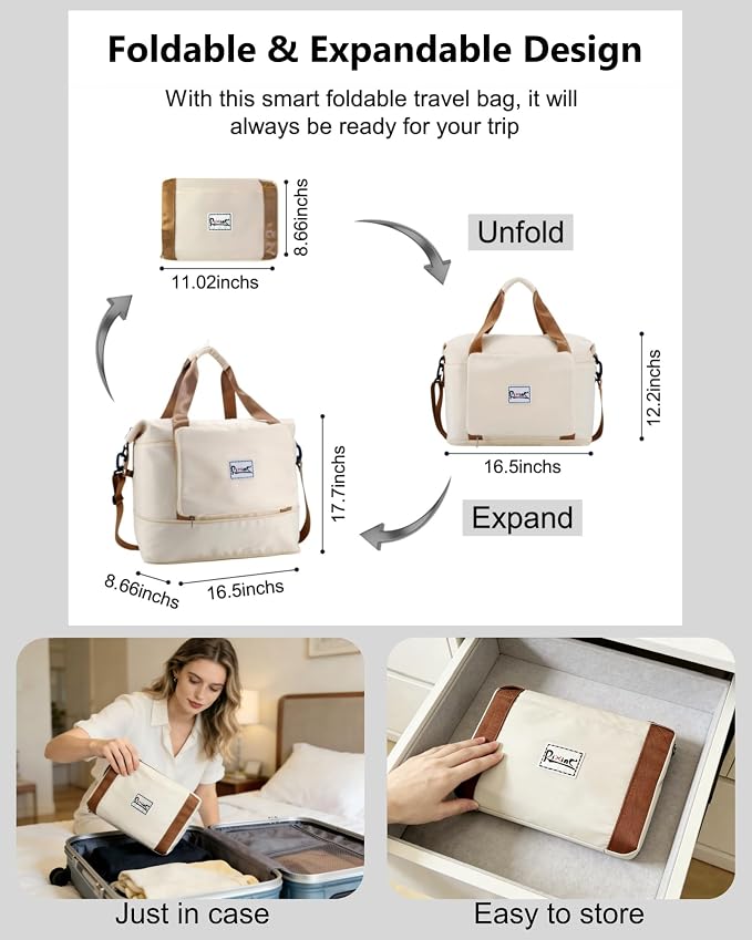 Foldable Travel Duffel Bag for Women, Beige | 40L Expandable Water-Resistant Carry on Bag, Personal Item Travel Bag Flight Approved with Wet Pocket for Gym Travel, Nylon - Image 5